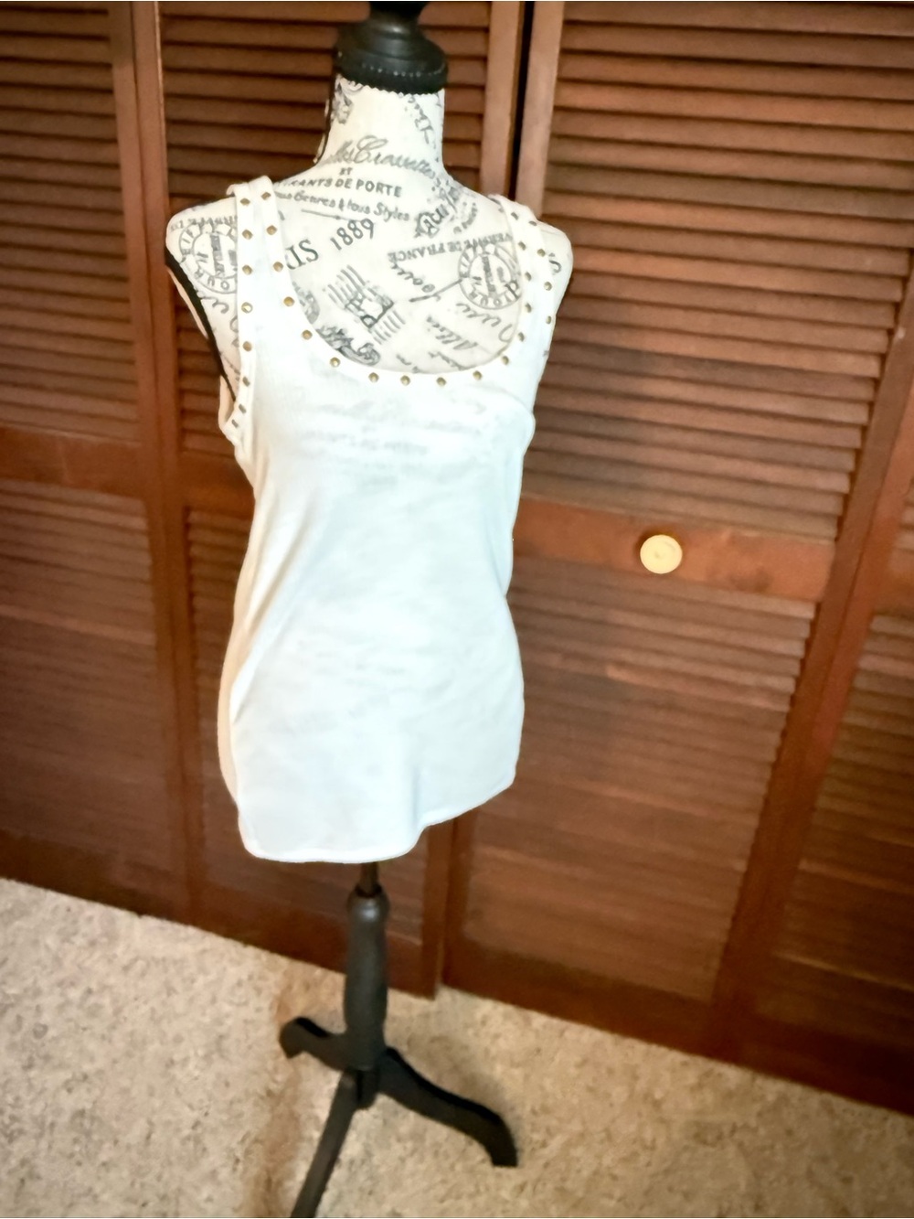 POL White Ribbed Studded Tank Top Large Boho Western Layering